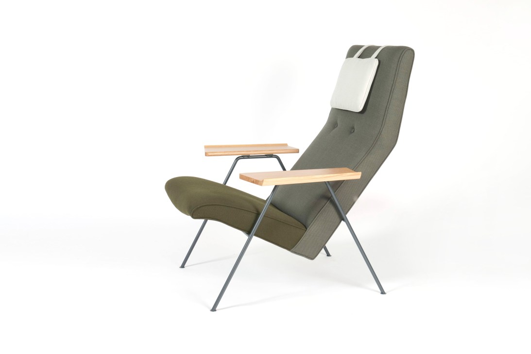 Robin Day chair by Barber & Osgerby with olive-green upholstery, wooden armrests, and metal frame.