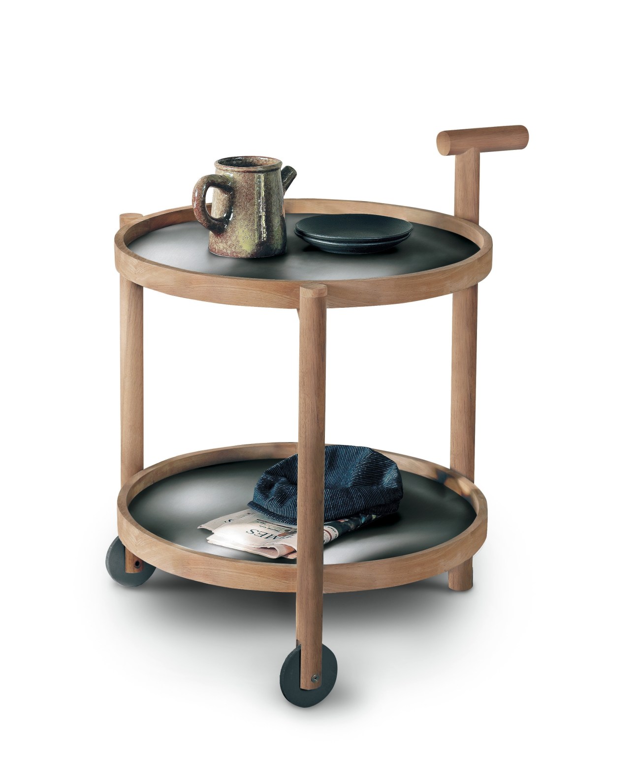 Two-tiered round wooden cart with black trays and handle, displaying ceramic vessel and accessories.