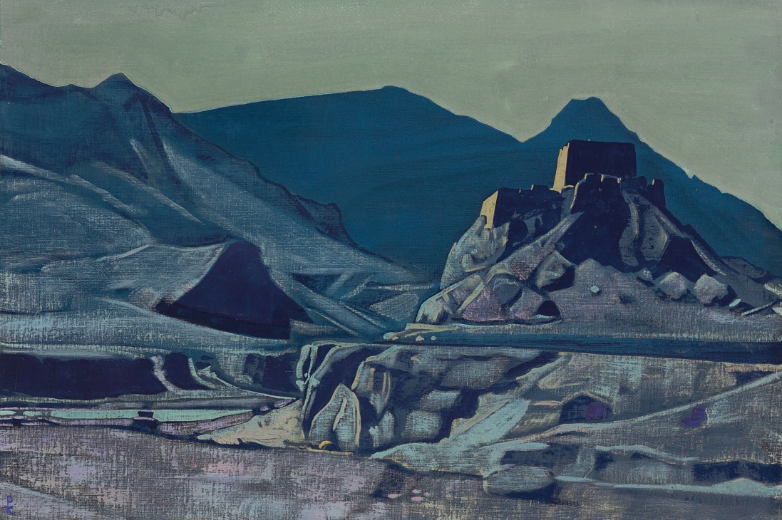 Mountain landscape painting with fortified structures on rocky peaks under a muted green sky.