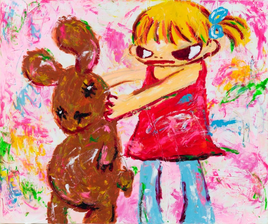 Colorful abstract painting by Ayako Rokkaku depicting a figure in red with yellow hair holding a brown animal against a pink background.