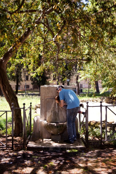 Man drinking from a stone water fountain in a leafy Roman park surrounded by trees.