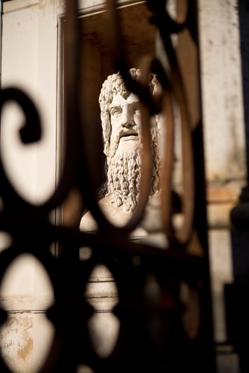 Classical marble bust with curly hair and beard viewed through ornate iron railings.