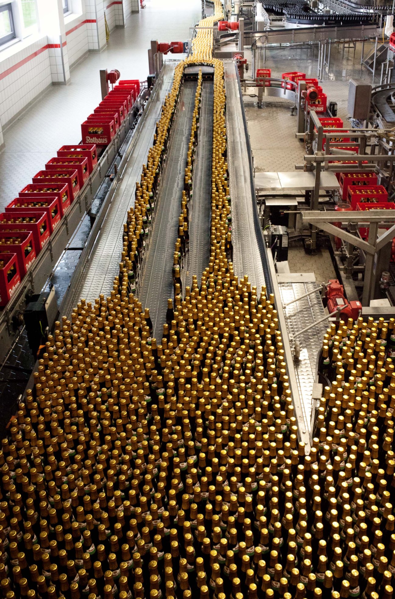 Rothaus brewery bottling line with hundreds of golden beer bottles on conveyor belts and red crates.