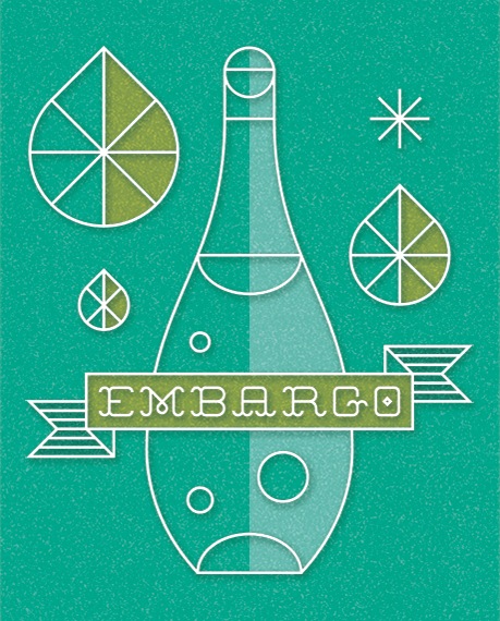 Illustrated bottle with limes and banner reading 'Embargo' on turquoise background