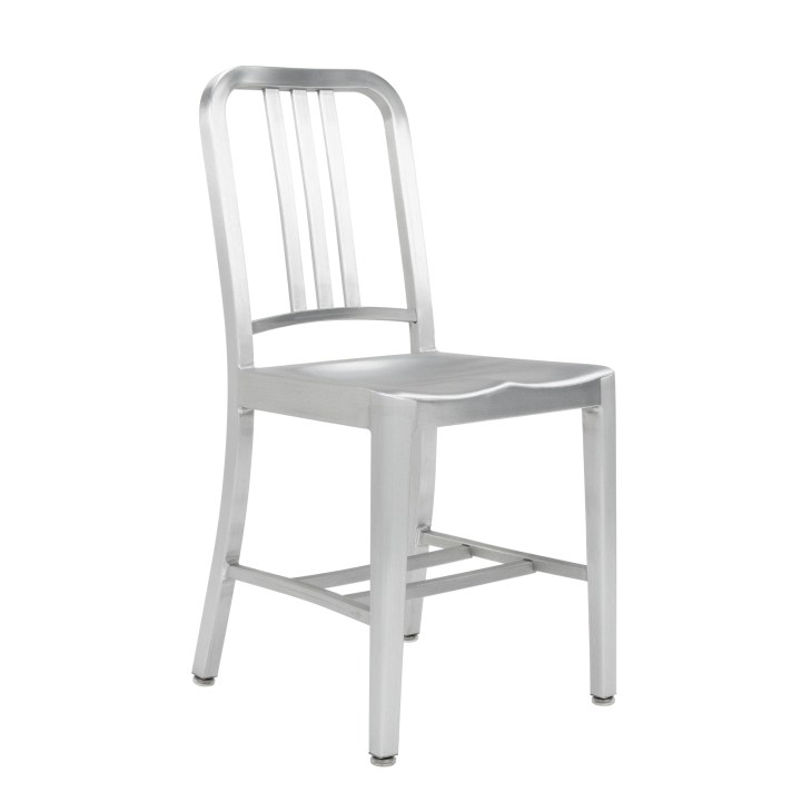 Aluminum chair with vertical slat backrest and metal frame.