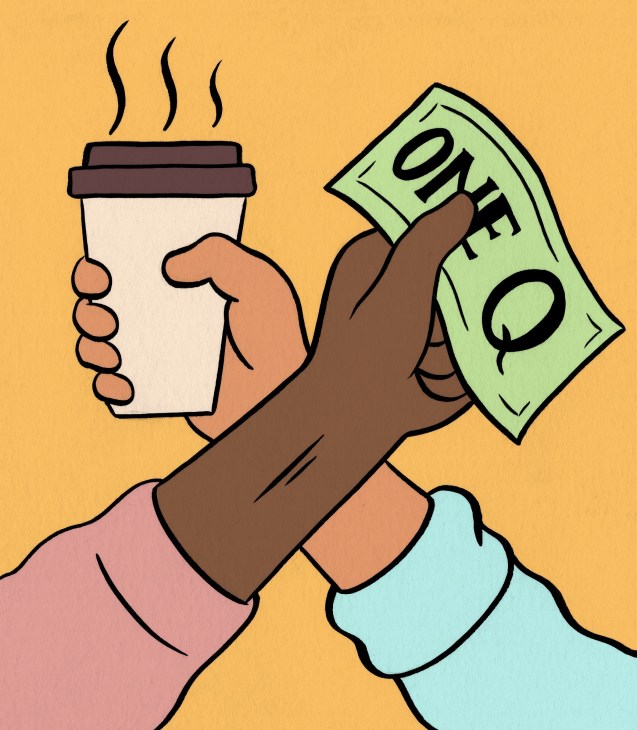 Illustration of a hand holding a coffee cup and green currency note labeled QUE against a yellow background.