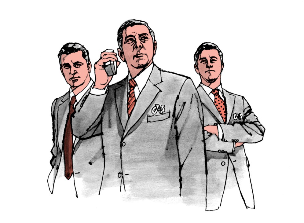 Illustration of three businessmen in suits, one holding a walkie-talkie, representing security personnel.