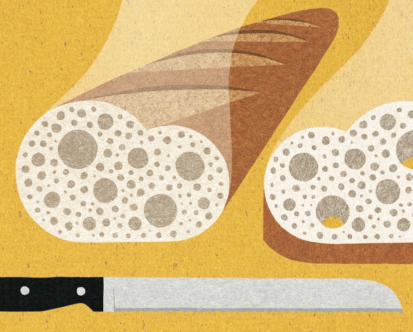 Illustration of sliced bread with wheat stalks and a knife on yellow background.
