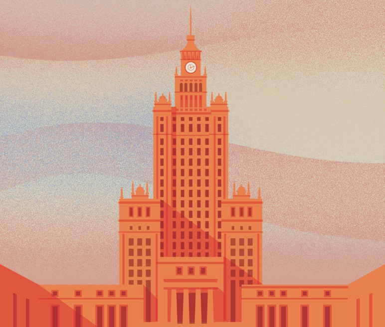 Illustration of the Palace of Culture and Science in Warsaw rendered in orange and red tones.