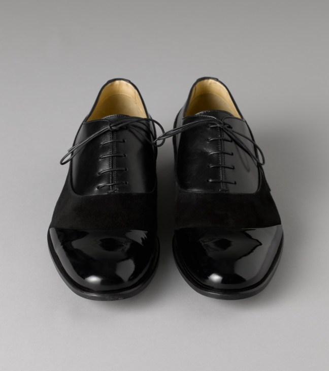 Pair of black Mr Hare men's shoes with polished leather toe caps and suede uppers, viewed from above.