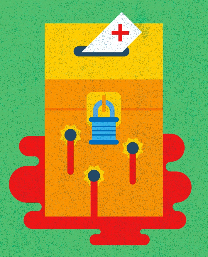 Illustration of a colorful building with ballot box, medical symbols, and control sliders representing political upheaval.