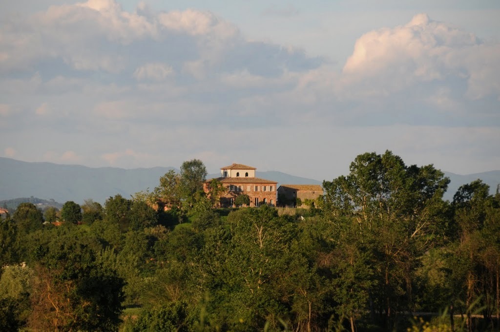 Tuscan villa with terracotta roof nestled among cypress and oak trees in rolling countryside.