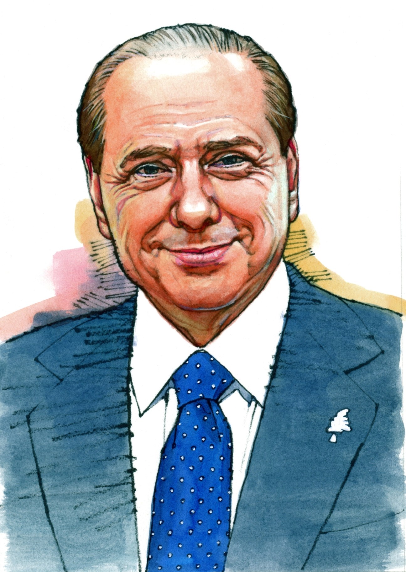 Illustration of Silvio Berlusconi in a blue suit and patterned tie.
