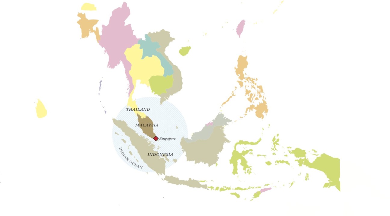 Colored map of Southeast Asia showing Singapore's location between Malaysia and Indonesia.