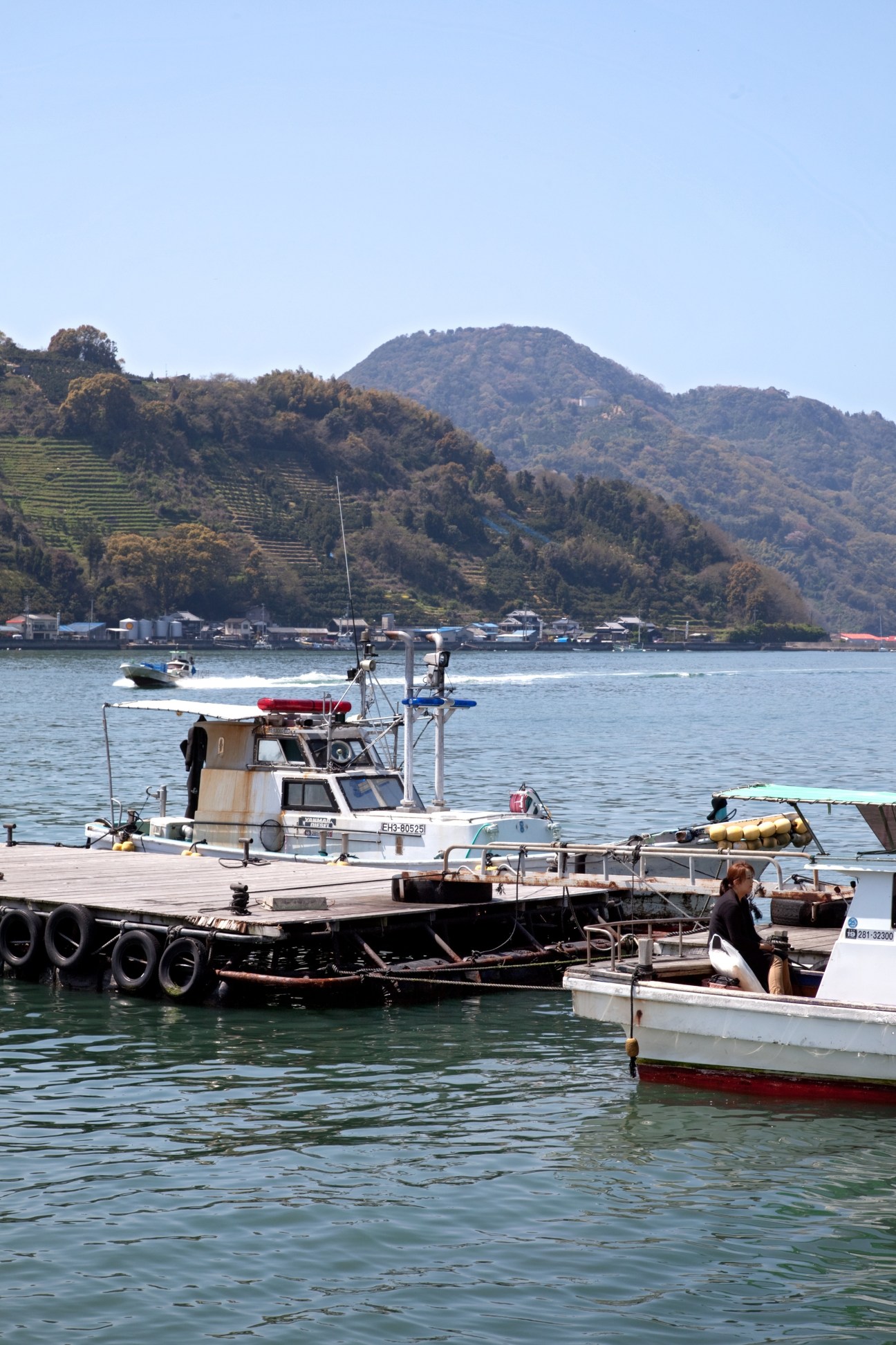 Fishing boats moored at a dock with forested mountains in the background under clear blue sky.