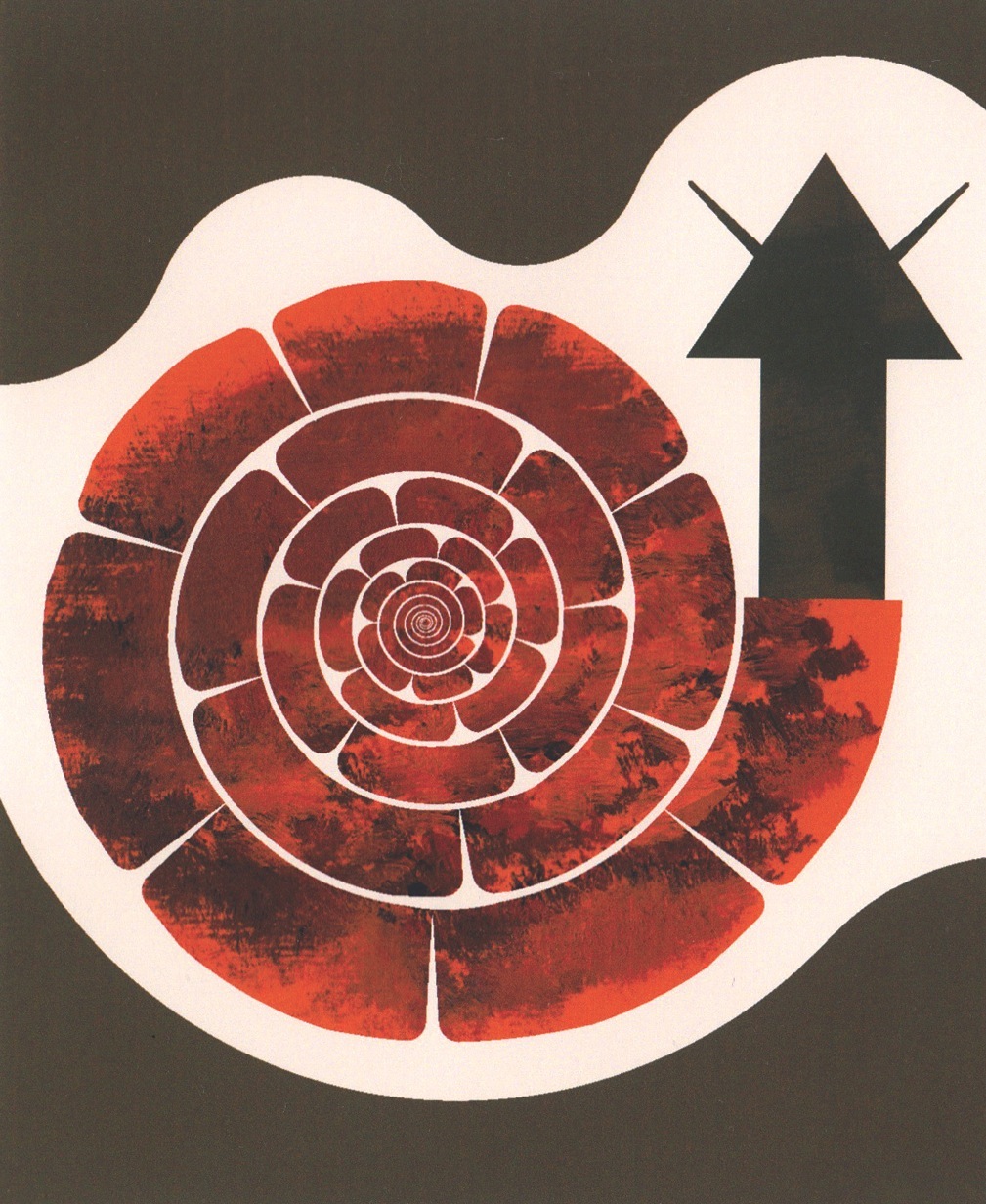 Stylized illustration of a red spiral snail shell with an upward arrow, representing growth in the snail farming business.
