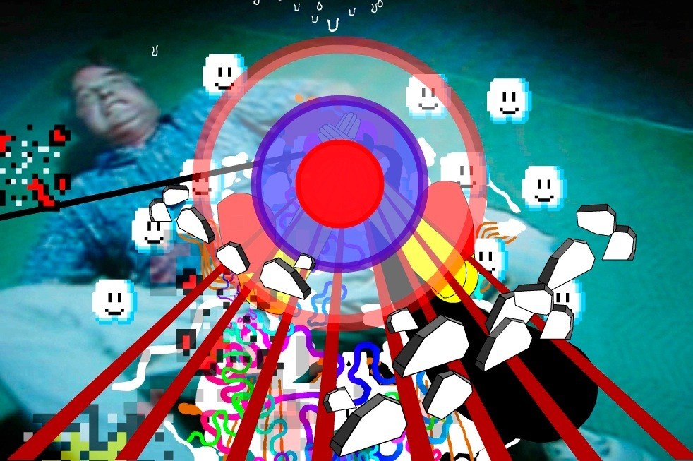 Colorful digital illustration of concentric circles with smiling characters and abstract elements representing music and sound.