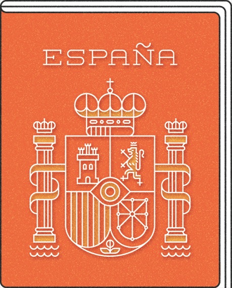 Spanish coat of arms with crown and pillars on orange background labeled España.