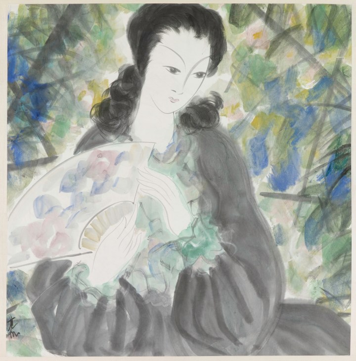 Lin Fengmian's painting of a woman holding a fan with floral background.