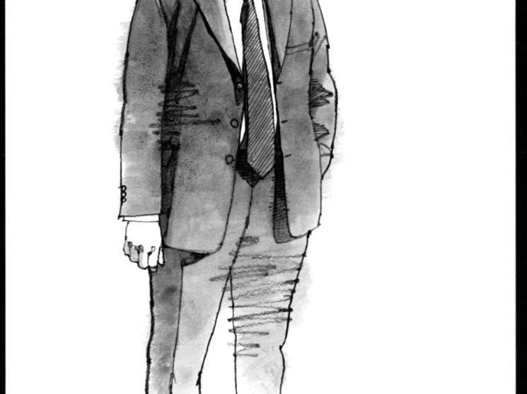 Illustration of Sten Nordin, Stockholm's mayor, wearing glasses, suit and striped tie.
