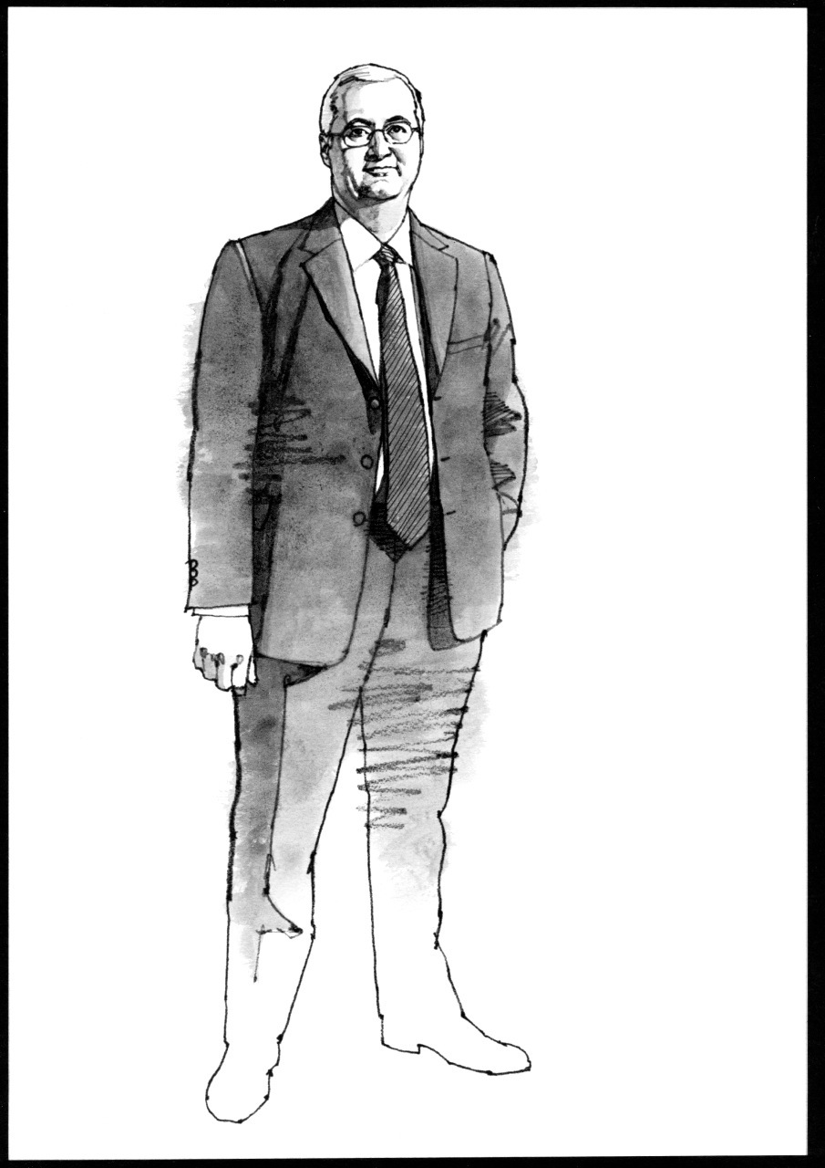 Illustration of Sten Nordin, Stockholm's mayor, wearing glasses, suit and striped tie.