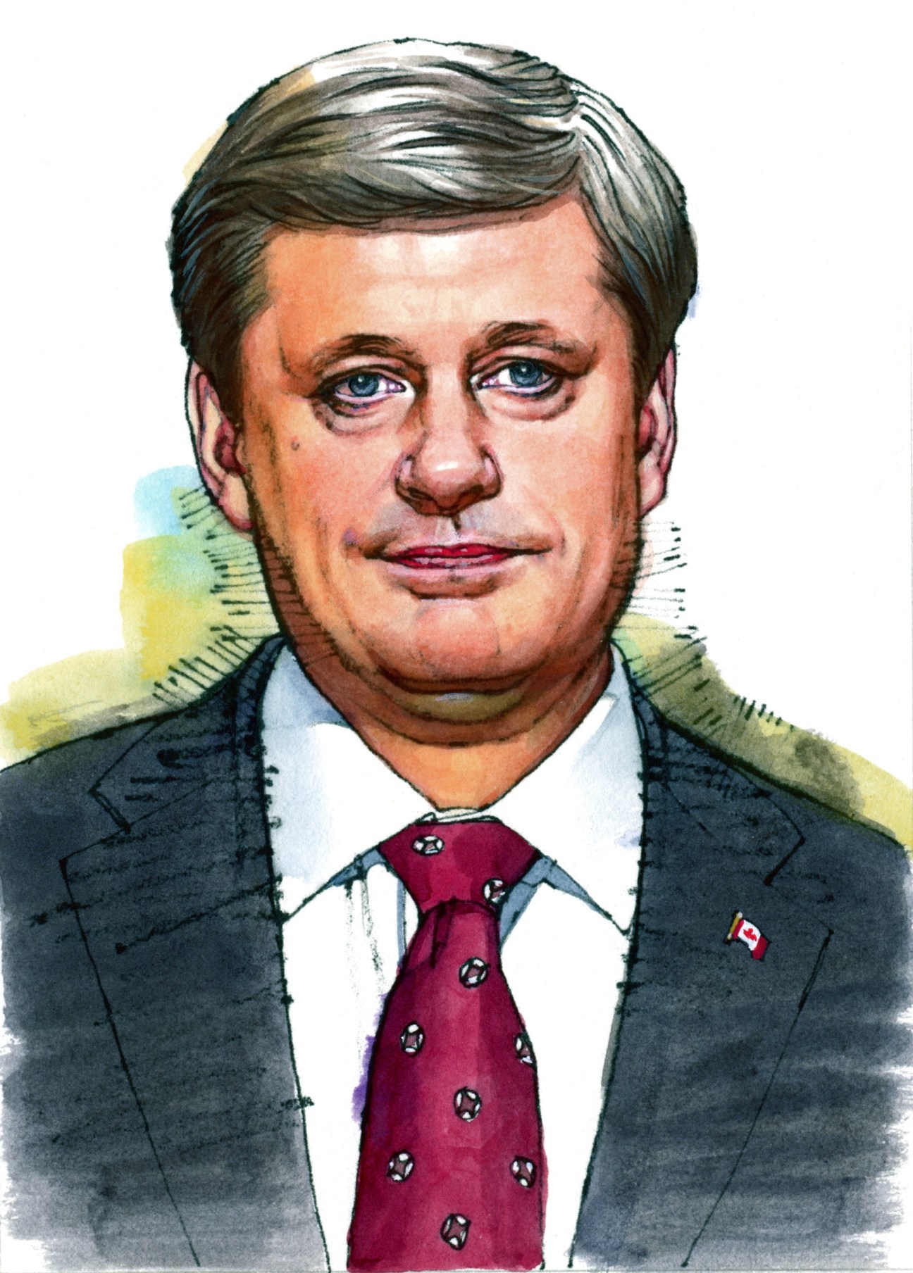 Illustrated portrait of Stephen Harper wearing a dark suit and burgundy tie with a Canadian flag pin.