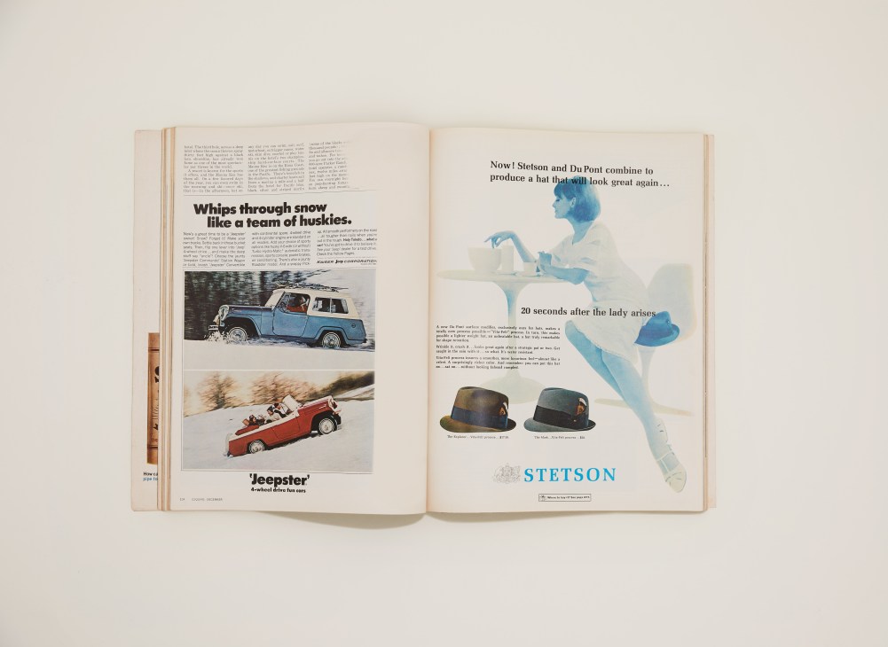 Vintage magazine spread showing Stetson hat brand advertisement with blue silhouette illustration and two hat products displayed at bottom.