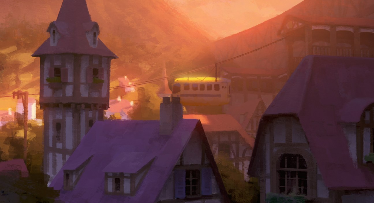 Animated scene from 'The Dam Keeper' showing a village at sunset with purple buildings and a tower.