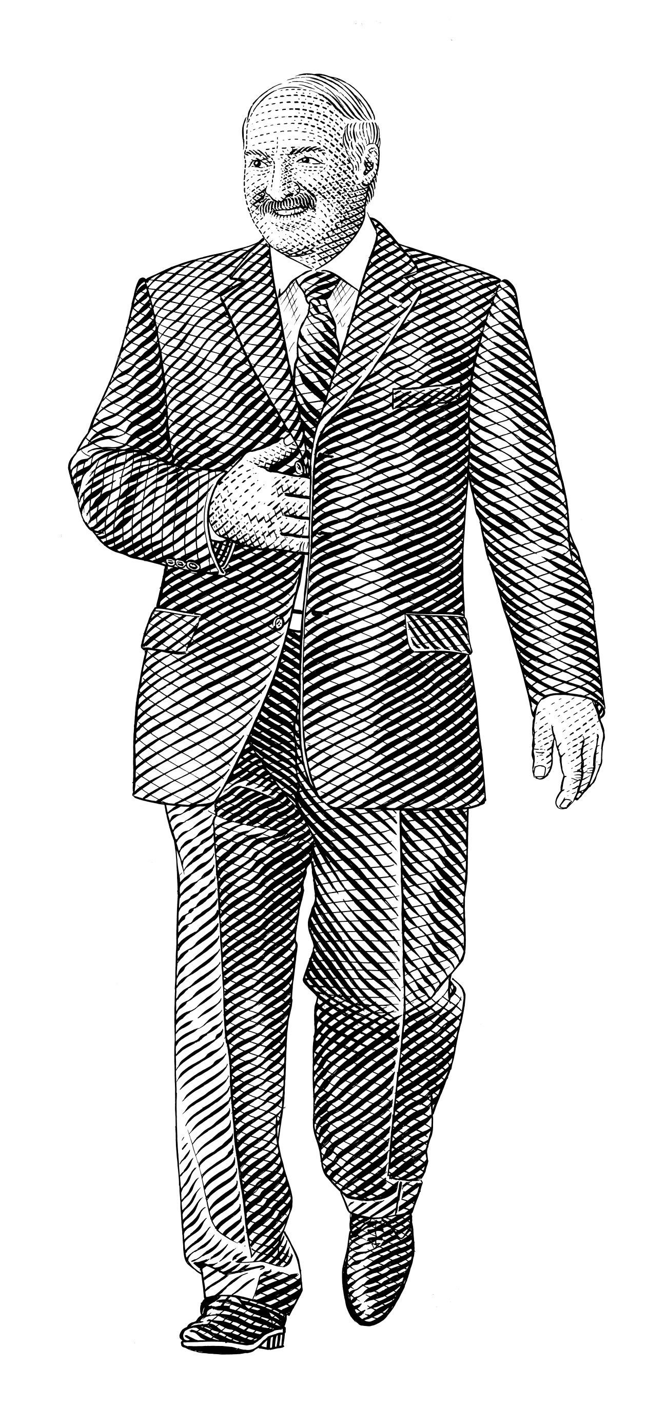Pen and ink illustration of Aleksandr Lukashenko in a suit with distinctive mustache and comb-over hairstyle.
