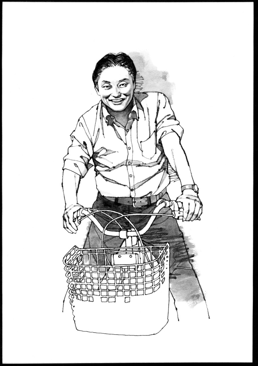 Black and white illustration of Takashi Kawamura on a bicycle with a basket.