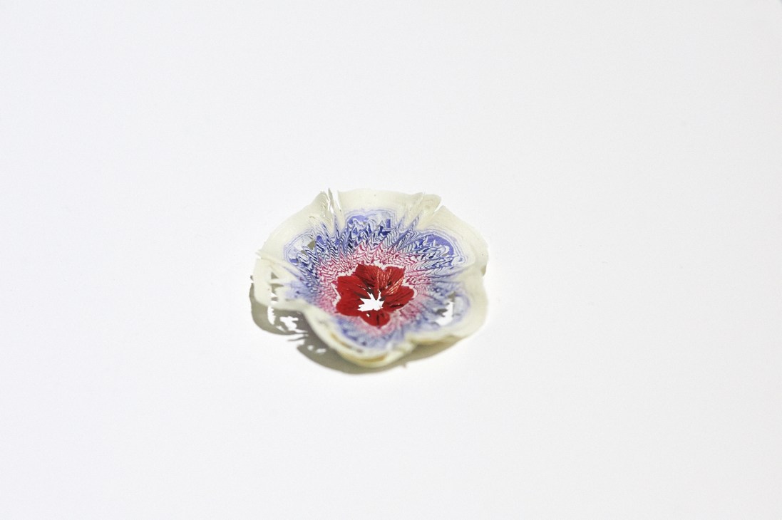 Delicate paper sculpture with red center and blue and pink layered petals against white background.