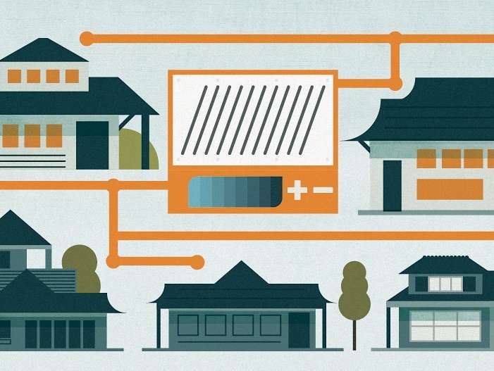 Illustration of residential houses connected by orange pipes showing solar panels and battery storage systems for home energy independence.