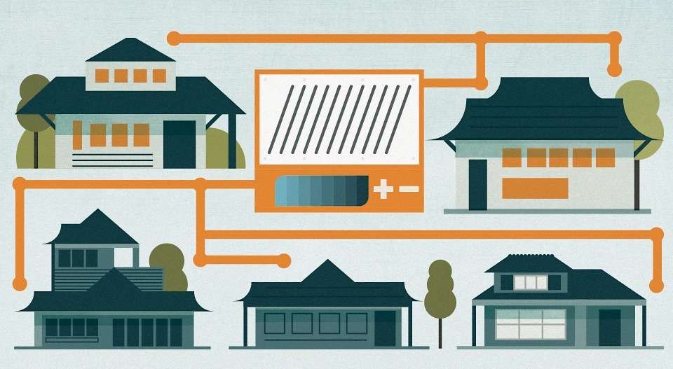 Illustration of residential houses connected by orange pipes showing solar panels and battery storage systems for home energy independence.