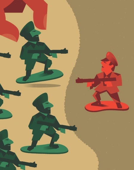 Illustration of green and red toy soldiers facing each other across a dividing line, representing India-China military confrontation.