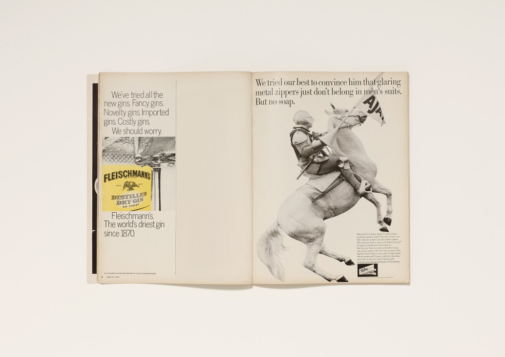 Vintage magazine spread featuring Fleischmanns gin advertisement and Talon zipper advertisement with horse and rider illustration.