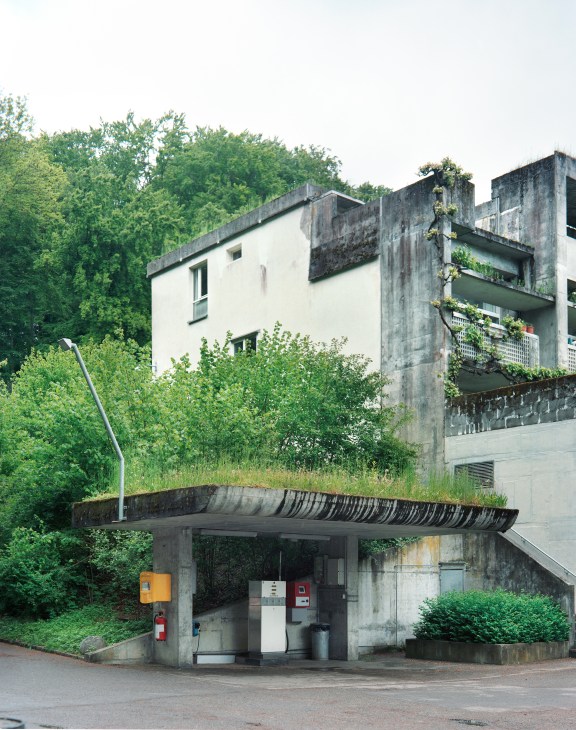 The communal petrol station at Halen Estate with modernist architecture