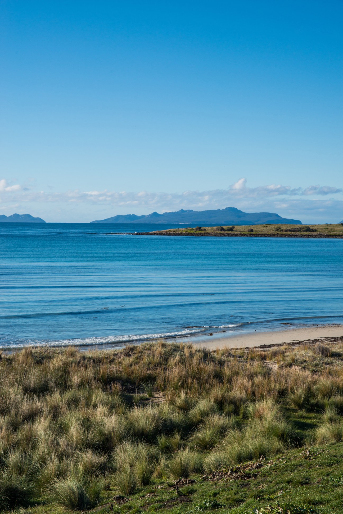 A pristine beach and coastal landscape in Great Oyster Bay, Tasmania, with mountains visible across the water.