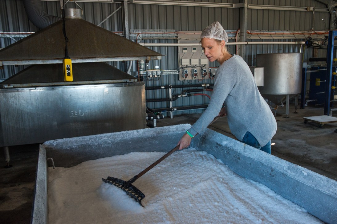 Alice Laing rakes white salt crystals in a drying pan inside the Tasman Sea Salt production facility.