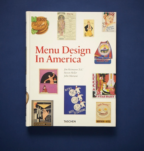Menu Design In America book cover featuring vintage American restaurant menu illustrations and typography on a cream background.