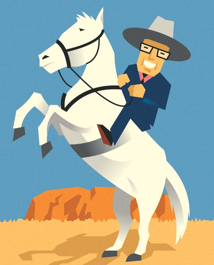 Illustration of a man in a cowboy hat riding a rearing white horse in a desert landscape.