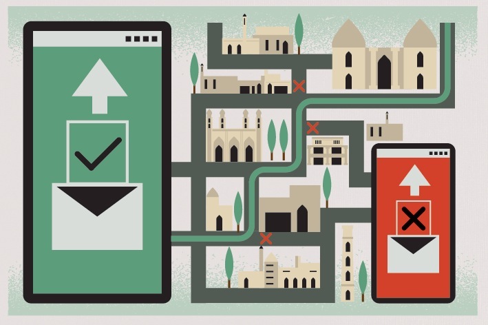 Illustration of two smartphones with maps showing navigation arrows and checkmarks for Palestinian traffic app Ezma.