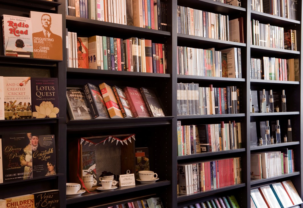 Dark wooden shelves displaying curated books, with decorative teacups and saucers displayed on one shelf.