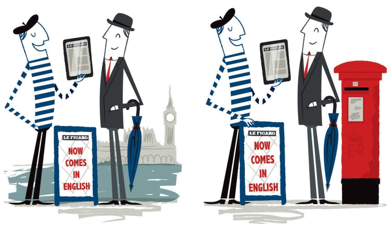 Illustration of stylized Parisian figures with Le Figaro newspaper and iconic landmarks promoting English edition launch.