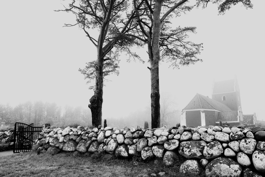 Old stone church in misty landscape with tall trees and stone wall in foreground.
