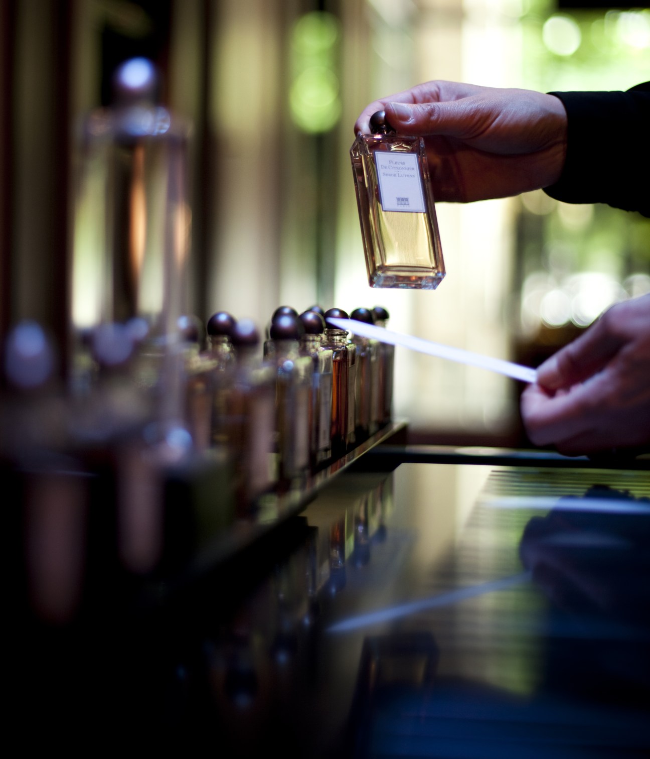 Hand holding a Serge Lutens perfume bottle above a row of fragrances on display.