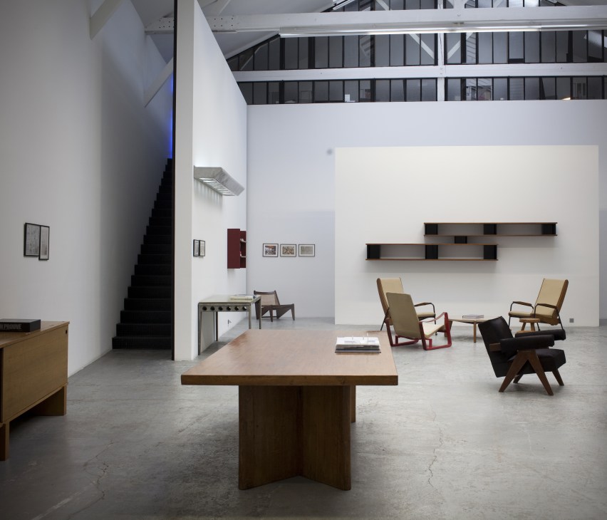 Interior of Patrick Seguin gallery with mid-century modern furniture displayed in a white-walled space.