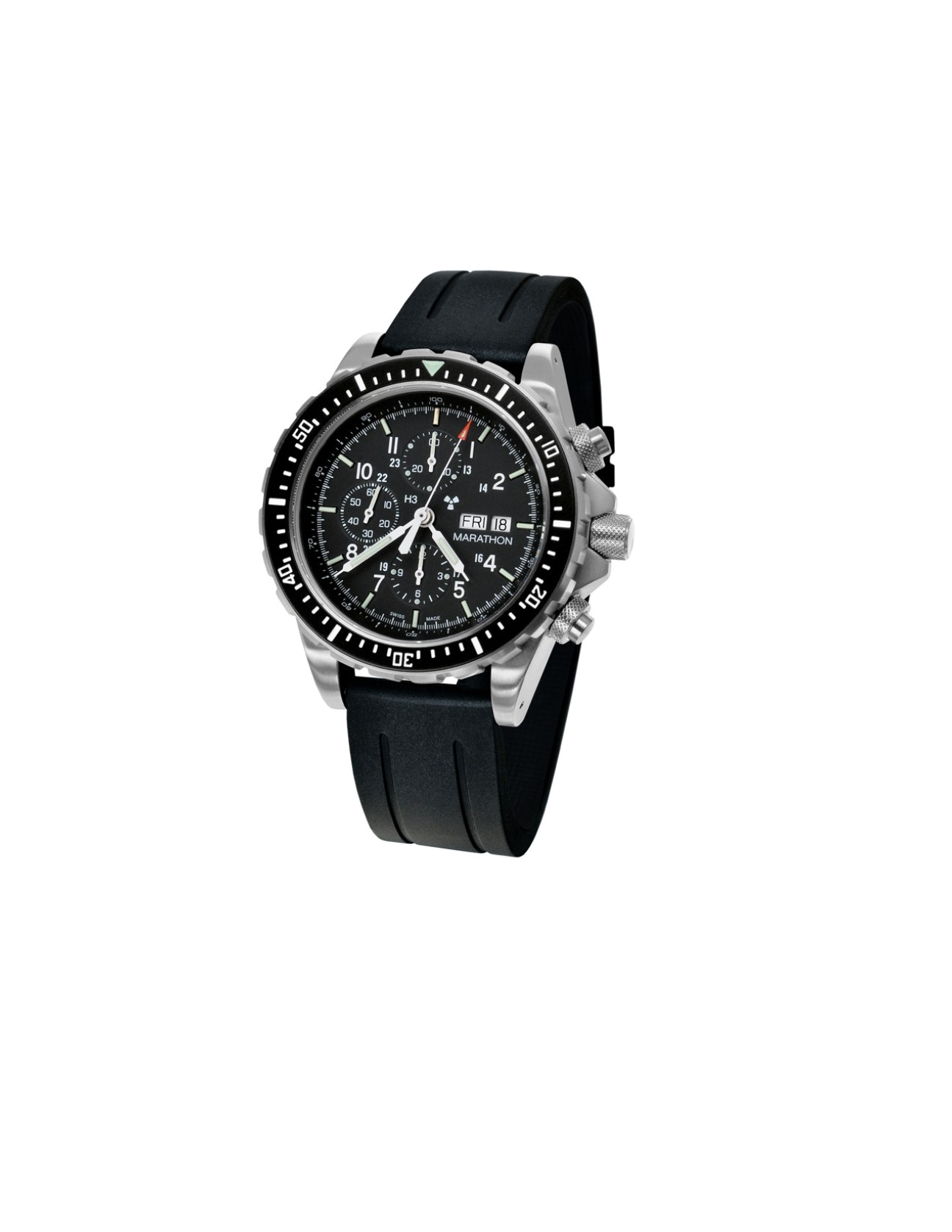 Marathon Watch WW194014 chronograph pilot watch with black dial and black rubber strap.