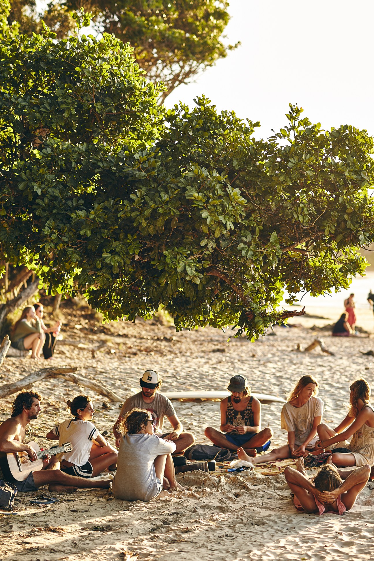 Group of people sitting in a circle on a sandy beach under a leafy tree, one playing guitar.