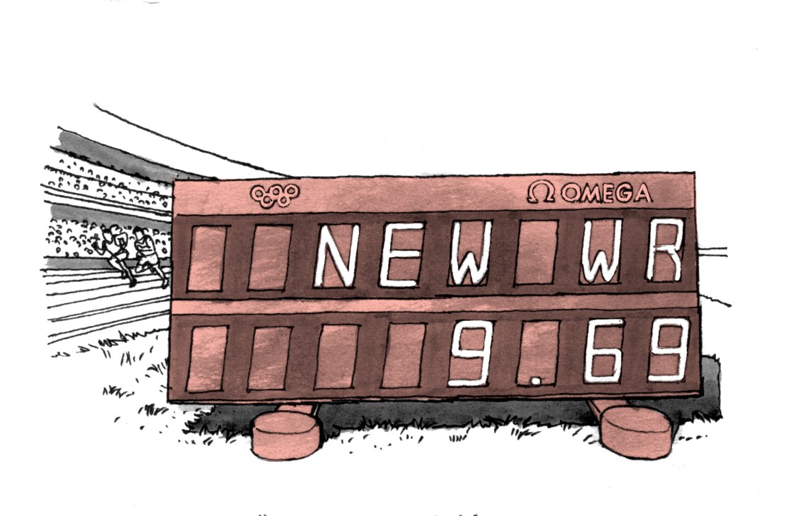 Illustration of an Omega timekeeping scoreboard showing a world record time of 9.69 seconds with a sprinting athlete in the background.