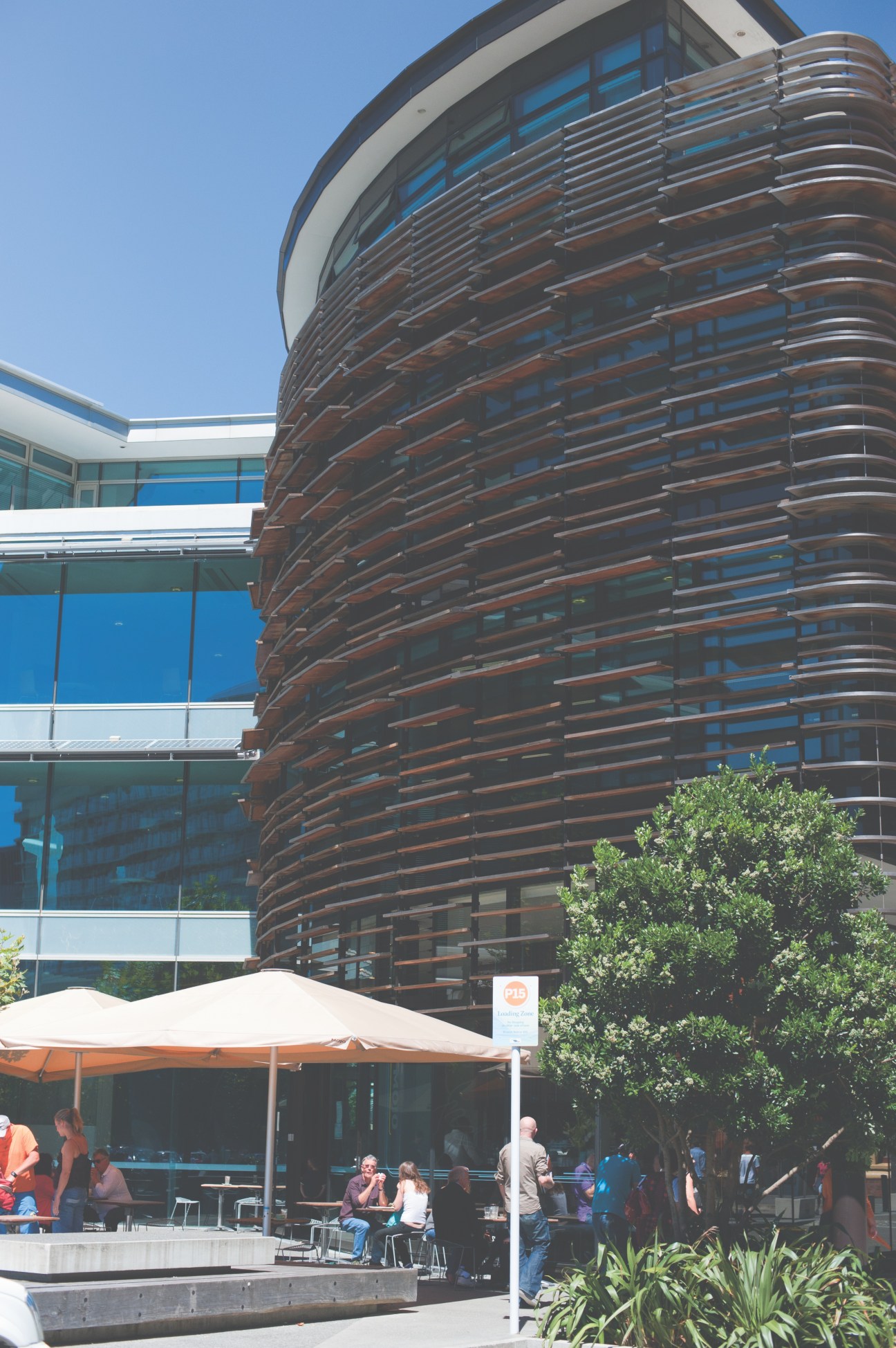 Meridian Building's curved wooden facade with blue-tinted windows and ground-level plaza with outdoor seating.